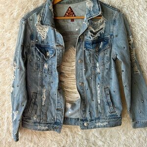 SIGNATURE 8 distressed denim trucker jacket blue sz medium